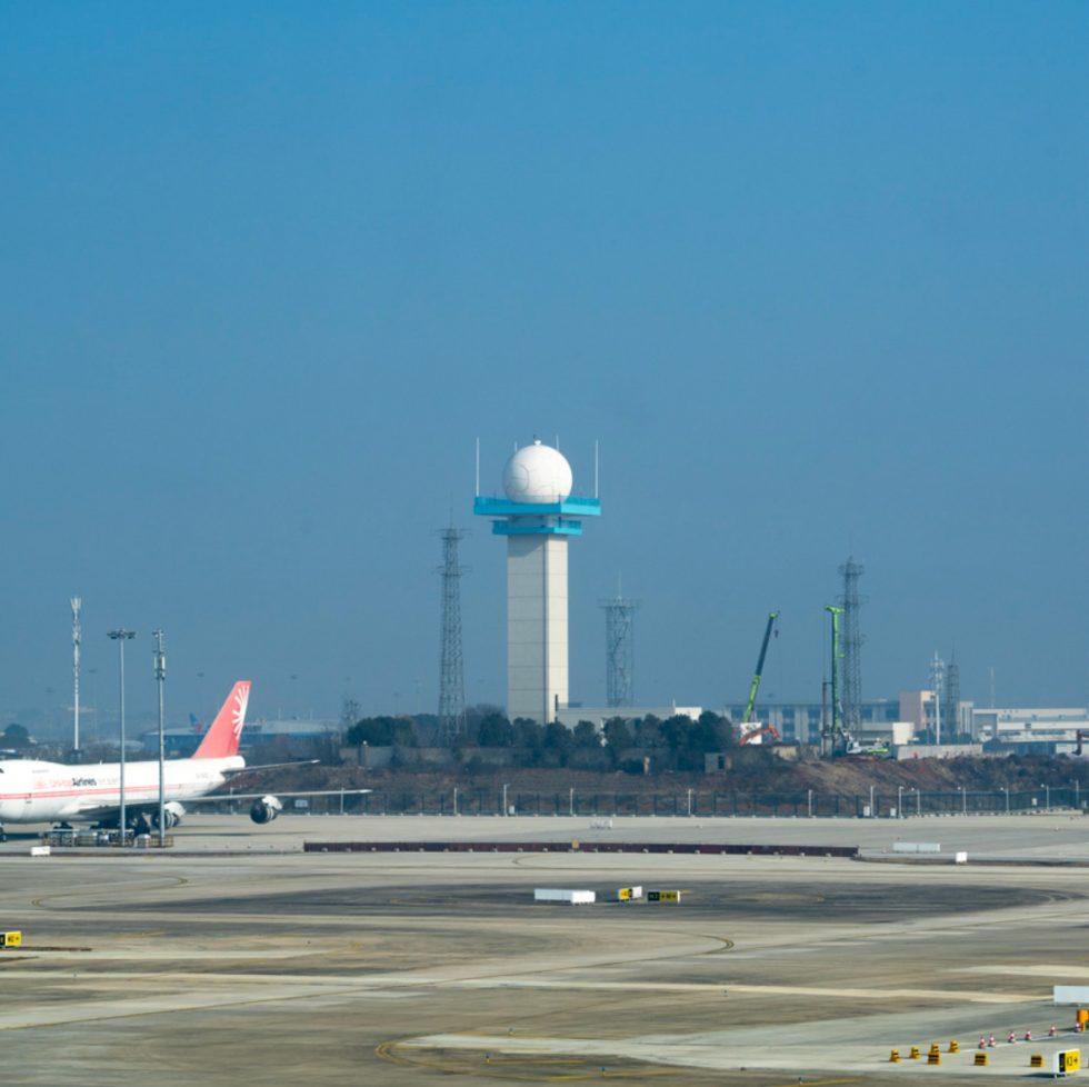 This is a color photograph of an airport tarmac.